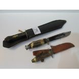 Coffin handled 10.5"" Bowie knife in leather scabbard & 2 bone handled sheath knives. Price guide £