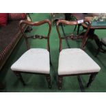 4 Victorian mahogany upholstered seats with carved scrolled splat backs. Price guide £60-80.