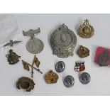 Qty of military cap badges & a medal including RAF badge marked 9ct front. Price guide £20-30.