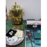Edwardian brass coal scuttle, pair of ornate slippers, 2 Frank Sinatra LP's, jewellery & 2