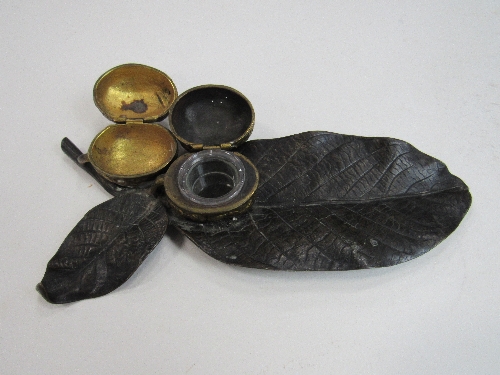 Victorian cold cast bronze leaf inkstand mounted with gilt bronze walnuts as the hinged inkwell with - Image 2 of 2