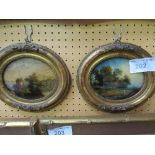 2 small oval gesso framed paintings on glass. Price guide £50-60.