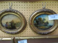 2 small oval gesso framed paintings on glass. Price guide £50-60.