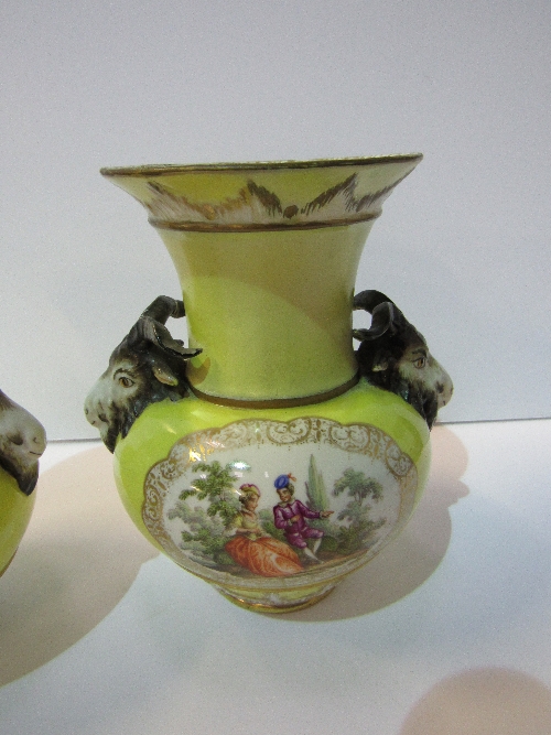 Pair of 19th century Berlin vases with goat head handles, decorated with scenes of lovers (1 goats - Image 2 of 3