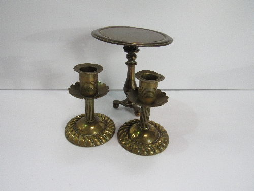 A late Victorian brass model tilt-top table & a pair of brass low candlesticks. Price guide £20-30. - Image 3 of 3