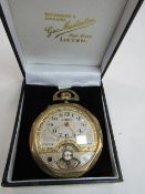 1920's Amida gold plated visible Swiss movement 8-day pocket watch in the form of an 1816 Irish