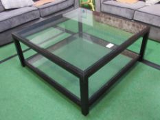 Glass top low table with black painted wood frame & glass shelf below, 97cms x 97cms x 41cms.