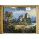 Gilt framed painting on glass of ruined church with female figure. Price guide £5-10.