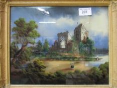 Gilt framed painting on glass of ruined church with female figure. Price guide £5-10.