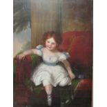 Large oil on canvas little girl on sofa. Price guide £30-50.