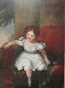 Large oil on canvas little girl on sofa. Price guide £30-50.