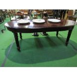 Mahogany D-end wind-out dining table on turned reeded legs & casters c/w 2 leaves & handle, 212cms x