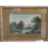 Gilt framed & glazed 19th century oil on canvas of cottage, lake & woodland scene. Price guide £30-
