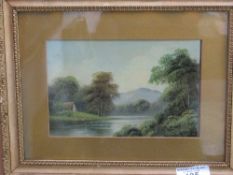 Gilt framed & glazed 19th century oil on canvas of cottage, lake & woodland scene. Price guide £30-