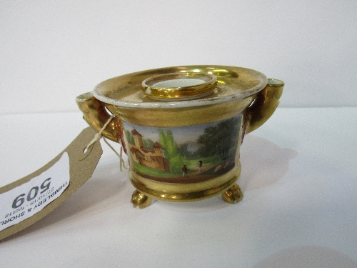 19th century continental porcelain pen & ink stand decorated with rural scenes, 6.5cms high x - Image 2 of 3