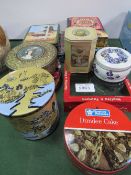 A qty of collectable tins including Huntley & Palmers. Price guide £10-15.