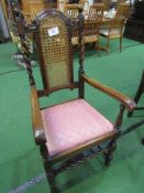 4 oak frame high back dining chairs with cane inset to backs & drop-in seats, together with 2