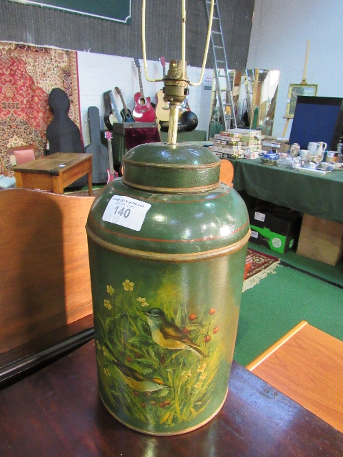 Barge wood type can table lamp. Price guide £15-20.