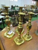 2 brass candlesticks - 'The King of Diamonds' & 2 other brass candlesticks 'The Diamond Princess'