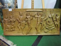 Carved wood panel of Arabic scene, 55 x 123