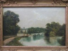 Gilt framed oil on canvas of Richmond Bridge, signed J Lewis (James Isiah Lewis, 1861-1934). Price