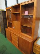 Teak display unit of 2 glazed doors & 2 open shelves over sideboard of 2 cupboards flanking 5