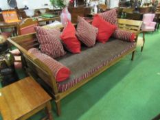 Hardwood open framed large sofa/daybed c/w cushions, 236cms x 88cms x 90cms. Price guide £100-110.