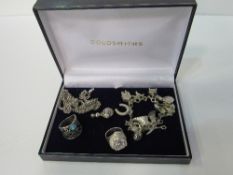 Silver & white metal charm bracelet, a silver chain, 2 silver rings & a silver coloured pendant.