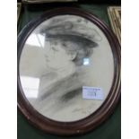 Oval framed & glazed pencil portrait of an Edwardian lady, signed. Price guide £10-15.
