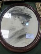 Oval framed & glazed pencil portrait of an Edwardian lady, signed. Price guide £10-15.