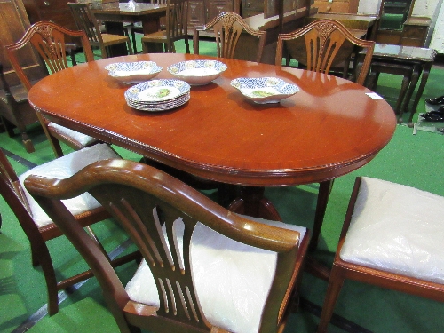 Mahogany dining table, 150cms x 90cms x 76cms & 6 splat back drop-in seat dining chairs. Price guide