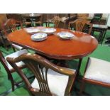 Mahogany dining table, 150cms x 90cms x 76cms & 6 splat back drop-in seat dining chairs. Price guide