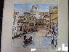 Framed & glazed watercolour of a canal in Venice, with gondola, Monogram M.O. Price guide £20-40.