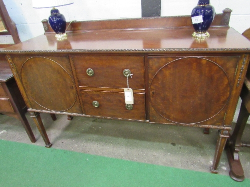 Mahogany sideboard on tapered legs with 2 central drawers, flanked by cupboards, 152cms x 51cms x