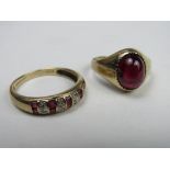 9ct gold ring with red stone & diamond, size O, weight 2gms & a 9ct gold ring with large oval red