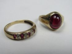 9ct gold ring with red stone & diamond, size O, weight 2gms & a 9ct gold ring with large oval red