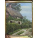 Gilt framed & glazed oil on canvas of country cottage, signed R Haderstein. Price guide £20-30.