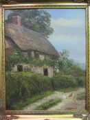 Gilt framed & glazed oil on canvas of country cottage, signed R Haderstein. Price guide £20-30.