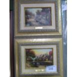 2 framed prints by Thomas Kinkade, with certificates, 18 x 12.5. Price guide £10-15.