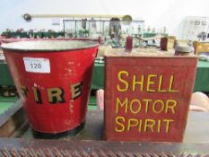 Metal fire bucket & a 'Shell Motor Spirit' can. Price guide £10-15.