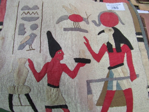 3 Egyptian faux tapestry panels representing ancient wall paintings. Price guide £15-20.