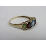14ct gold ring with 5 coloured stones, weight 3gms, size W. Price guide £40-50.