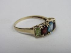 14ct gold ring with 5 coloured stones, weight 3gms, size W. Price guide £40-50.