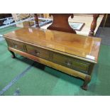 Hardwood low table with 3 frieze drawers to 1 side & glass to top, 126cms x 50cms x 42cms. Price
