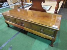 Hardwood low table with 3 frieze drawers to 1 side & glass to top, 126cms x 50cms x 42cms. Price