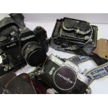Minolta Citizen-MiVl cine camera, Minolta SRI camera & Rolleiflex Sl35m camera. Price guide £20-25.
