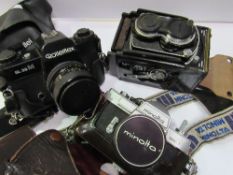 Minolta Citizen-MiVl cine camera, Minolta SRI camera & Rolleiflex Sl35m camera. Price guide £20-25.