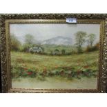 Gilt framed reproduction oil on board farmhouse scene with poppies, signed Mike Knight. Price