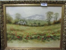 Gilt framed reproduction oil on board farmhouse scene with poppies, signed Mike Knight. Price