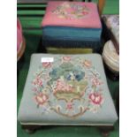 3 tapestry upholstered foot stools. Price guide £20-30.